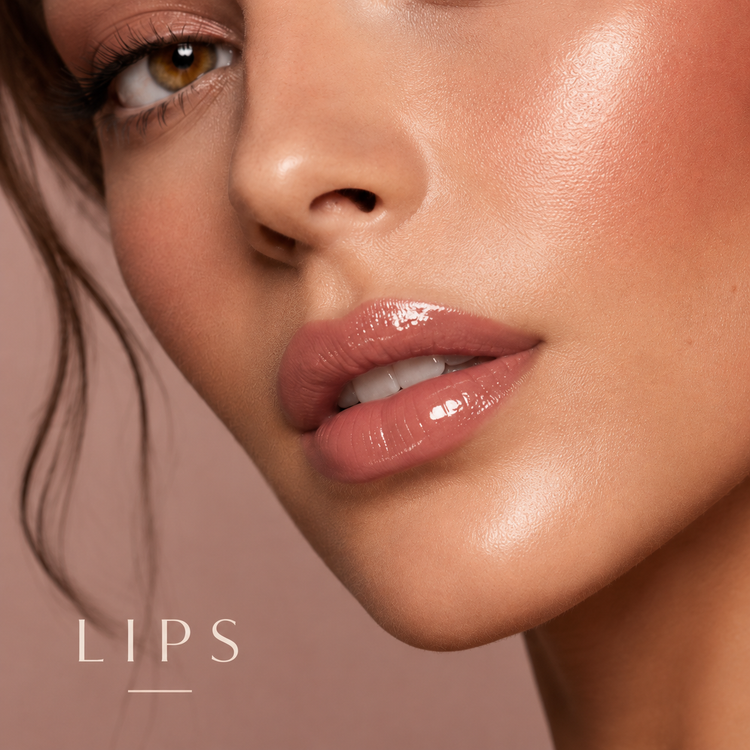 A Doravysa lips makeup look with glossy nude lips and soft natural color.