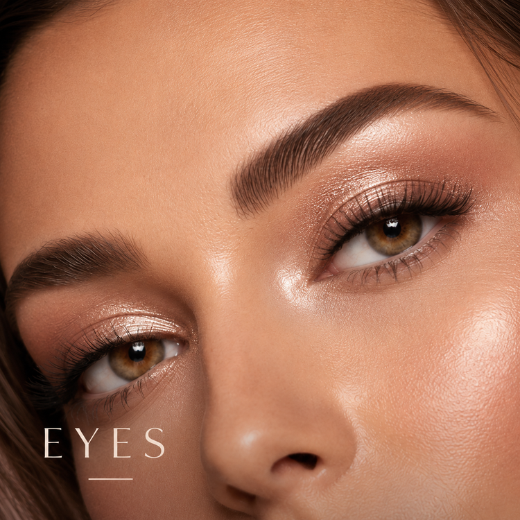 A Doravysa eye makeup look with warm shimmer eyeshadow and defined lashes.